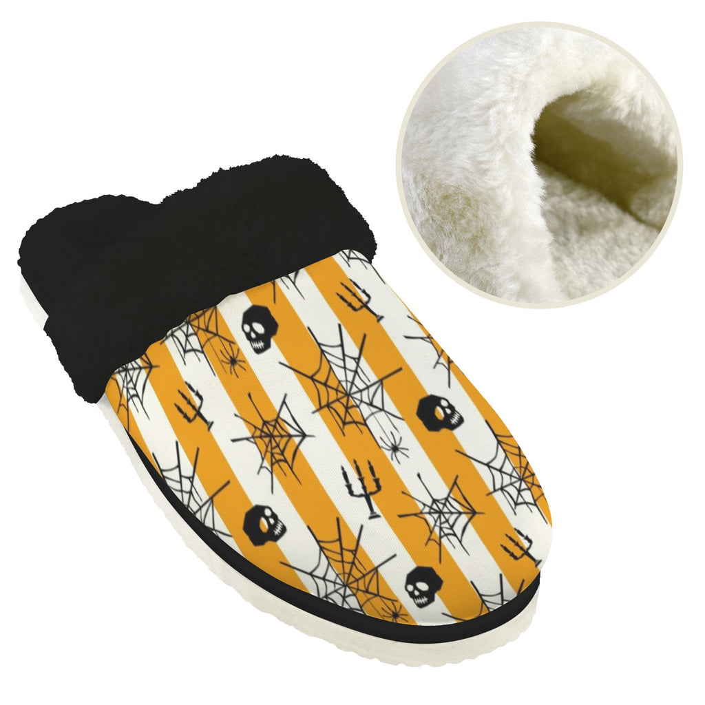 Halloween Stripe Women's Fur Trim Thick-Sole Indoor Slippers Women's Fur Trimmed Slippers Halloween Printed Offshore