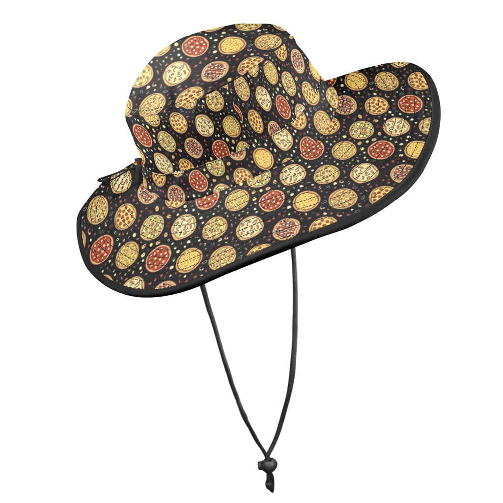 Round Pizzas On Black Wide Brim Bucket Hat Wide Brim Bucket Hat Food Printed Offshore