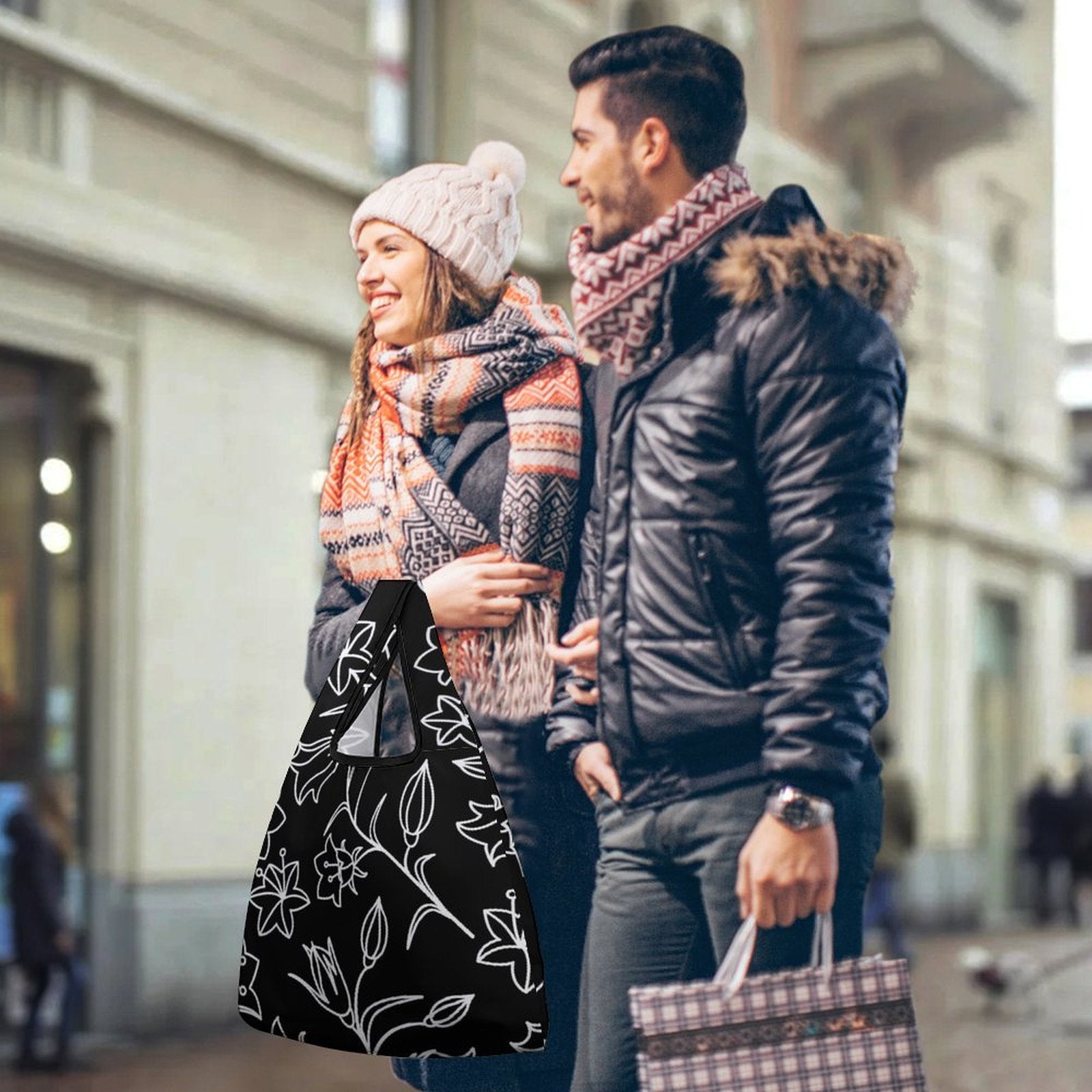 Black And White Floral - Collapsible Shopping Bag