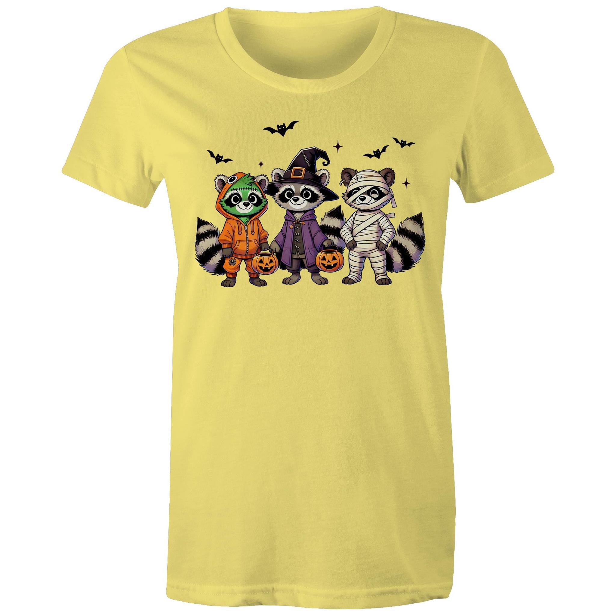 Halloween Raccoons - Womens T-shirt Yellow Womens T-shirt Halloween Printed In Australia
