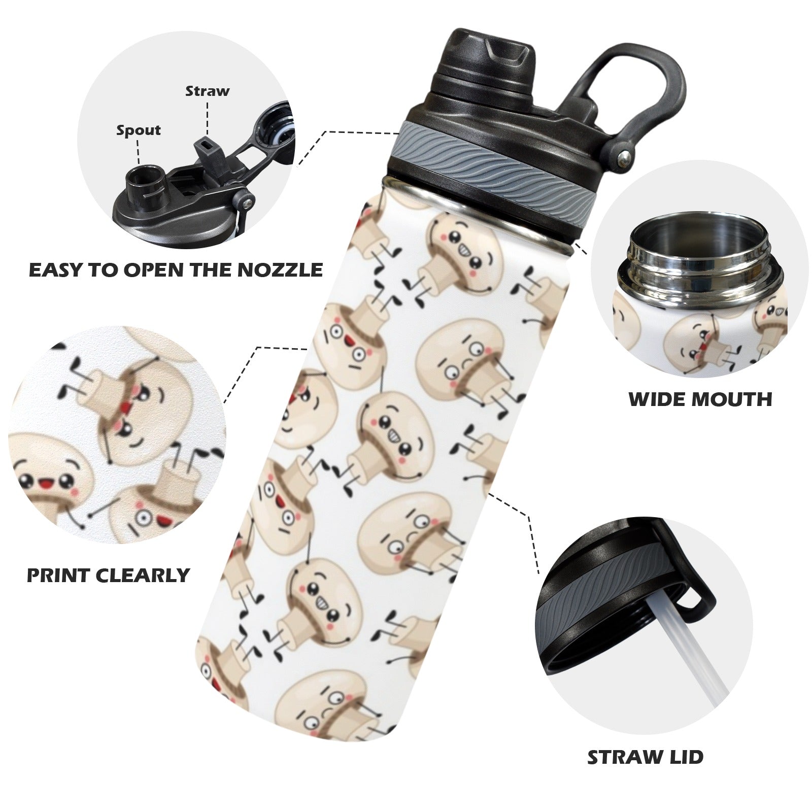 Cute Mushrooms - Insulated Water Bottle with Dual-Use Lid (18oz) Insulated Water Bottle with Dual-Use Lid (18oz) Food Printed Offshore