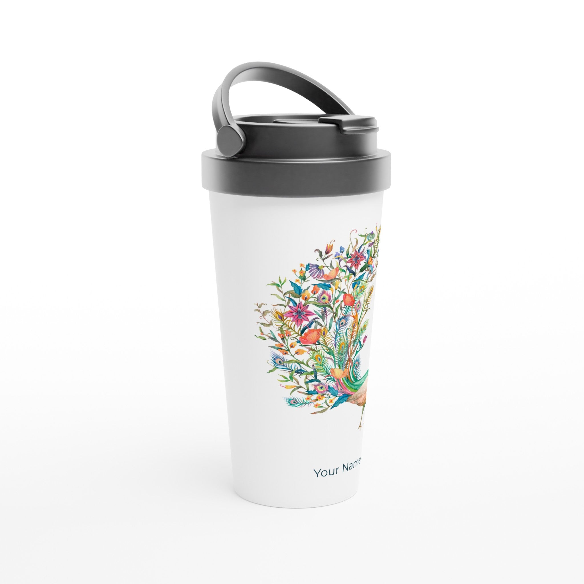Personalised - Flower Peacock - White 15oz Stainless Steel Travel Mug Personalised Travel Mug animal coffee Globally Fulfilled