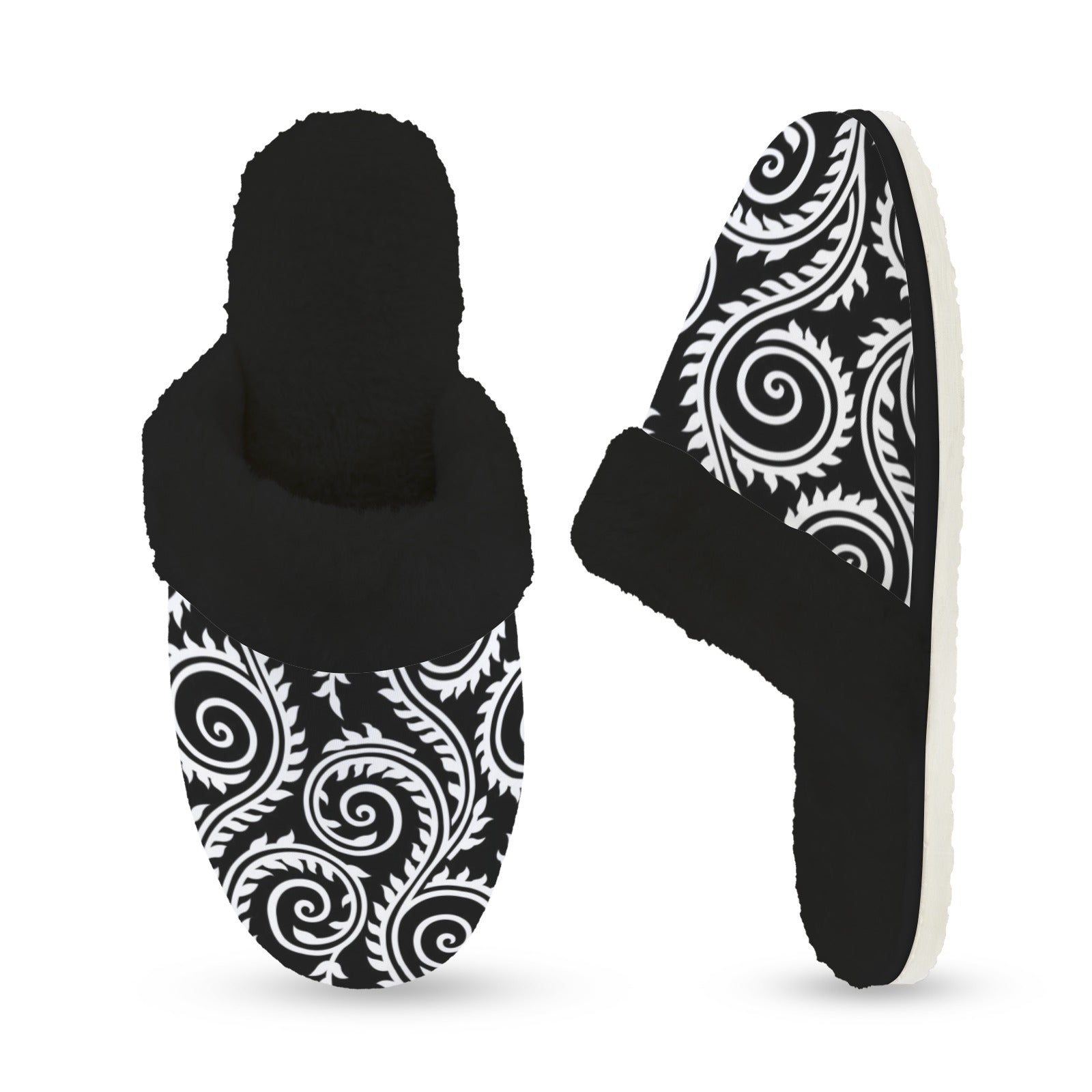 Black And White Swirl Women's Fur Trim Thick-Sole Indoor Slippers Women's Fur Trimmed Slippers Printed Offshore