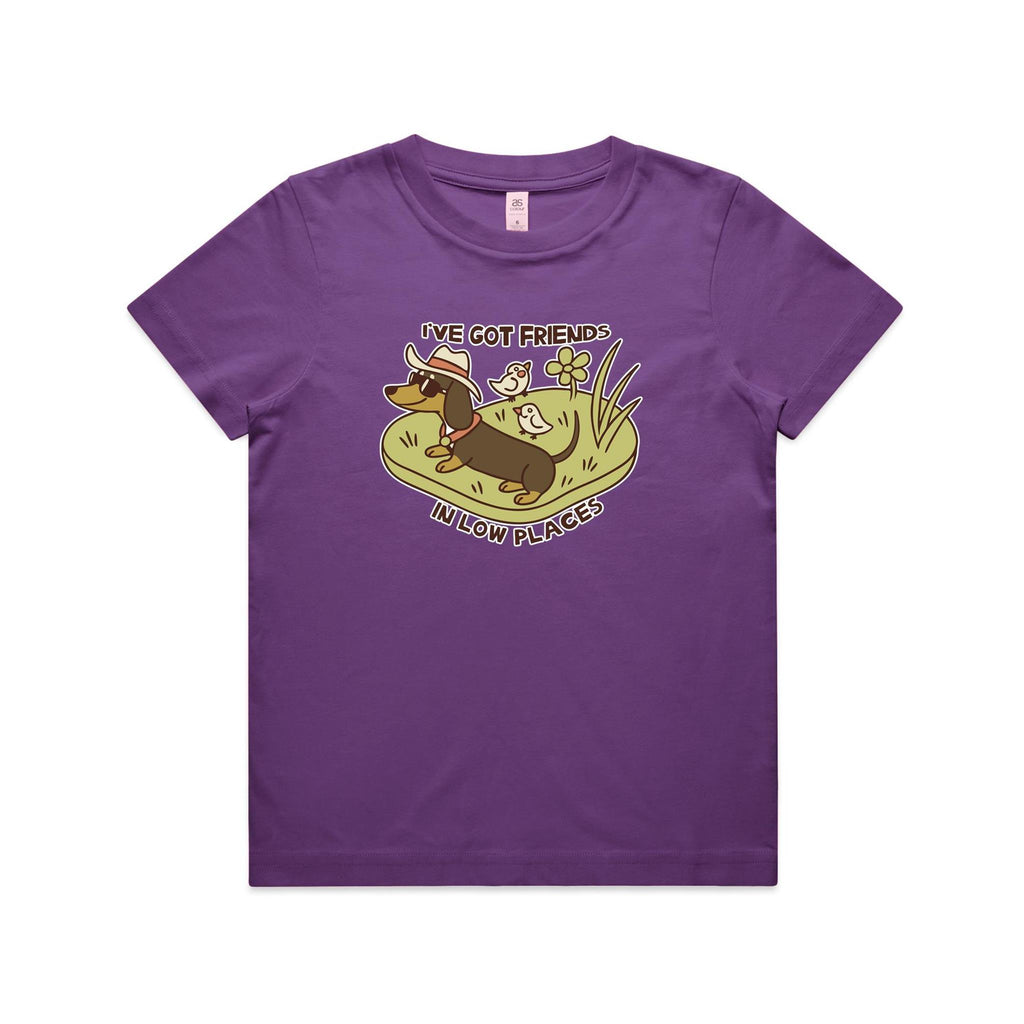 Dachshund, I've Got Friends In Low Places Kid's AS Colour T-shirt Purple Kids Youth T-shirt animal Printed In Australia