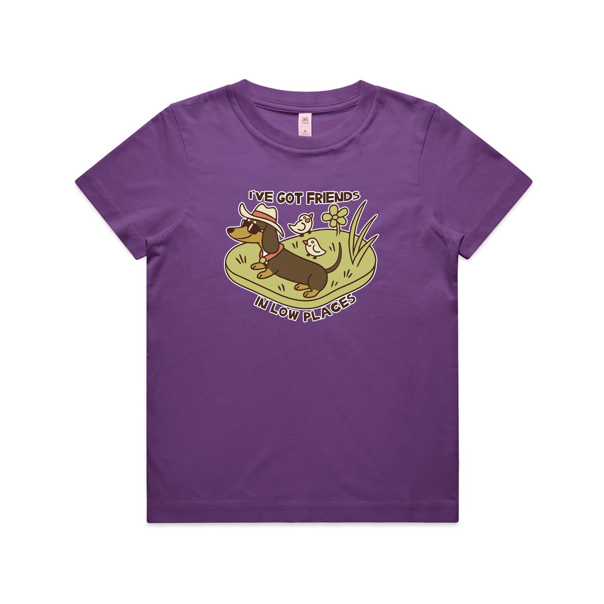 Dachshund, I've Got Friends In Low Places Kid's AS Colour T-shirt Purple Kids Youth T-shirt animal Printed In Australia