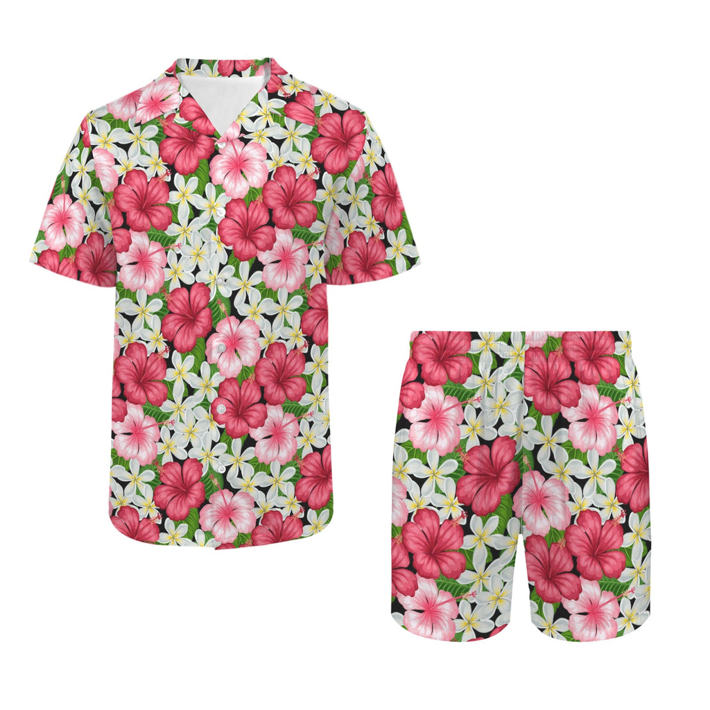 Hibiscus Men's Hawaiian Shirt & Shorts Set Men's Hawaiian Shirt & Shorts Set Plants Printed Offshore