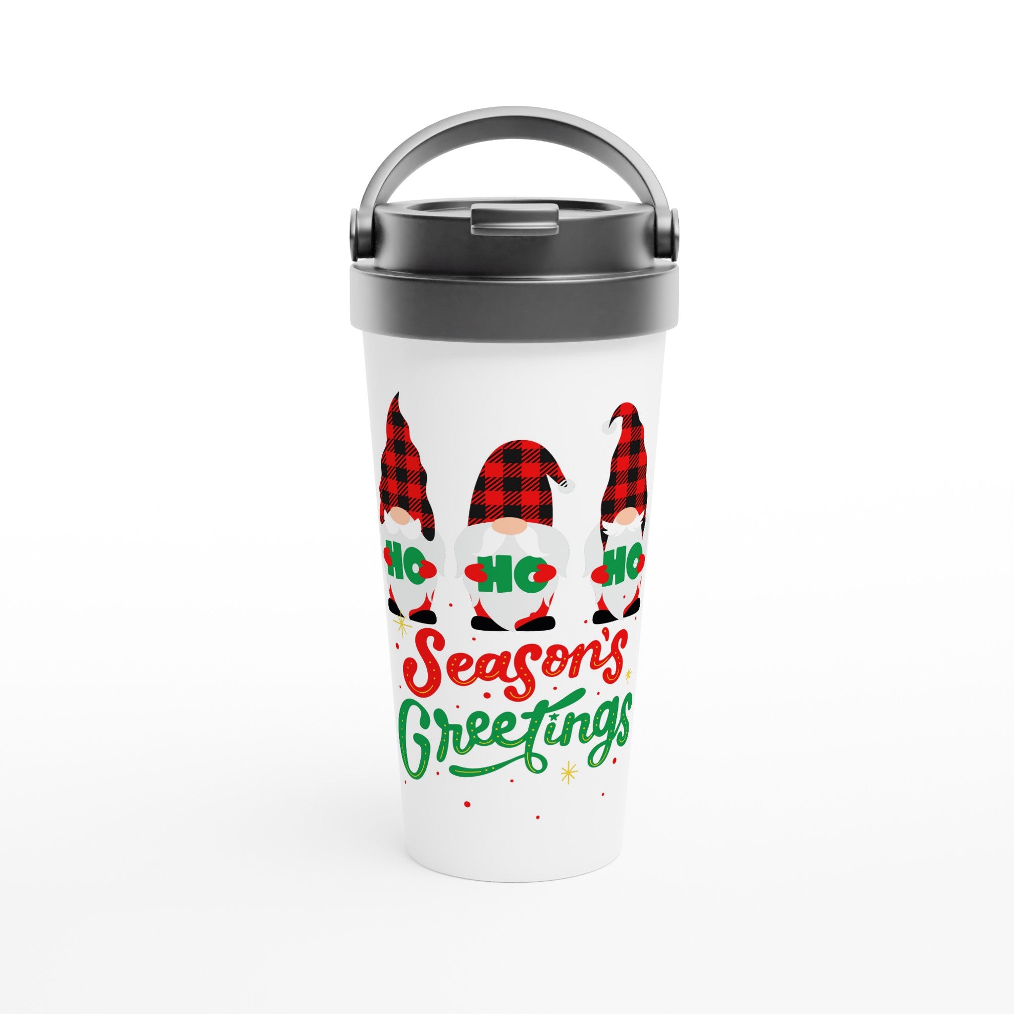 Christmas Gnome, Season's Greetings - White 15oz Stainless Steel Travel Mug Default Title Christmas Travel Mug Christmas Globally Fulfilled
