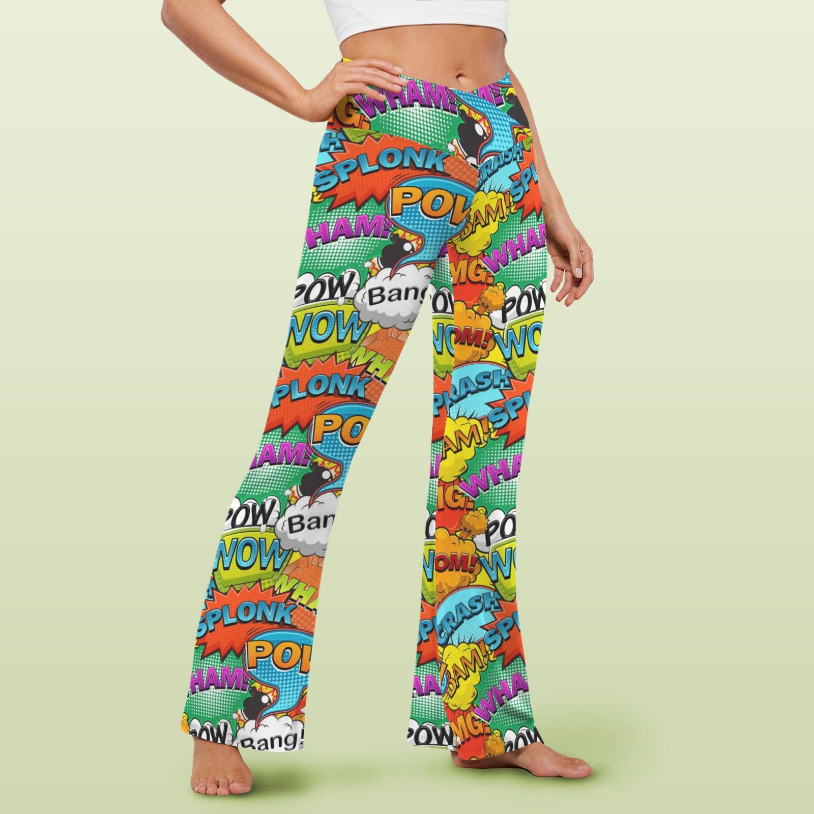 Comic Book 2 High Waist Crossover Tummy Control Flare Leggings High Waist Flare Leggings comic Printed Offshore