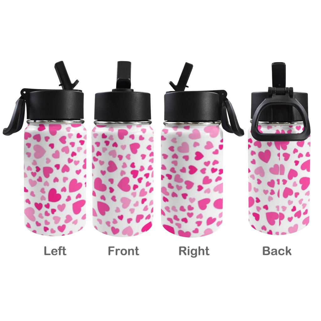 Pink Hearts On White 12oz Kids Water Bottle with Straw Lid