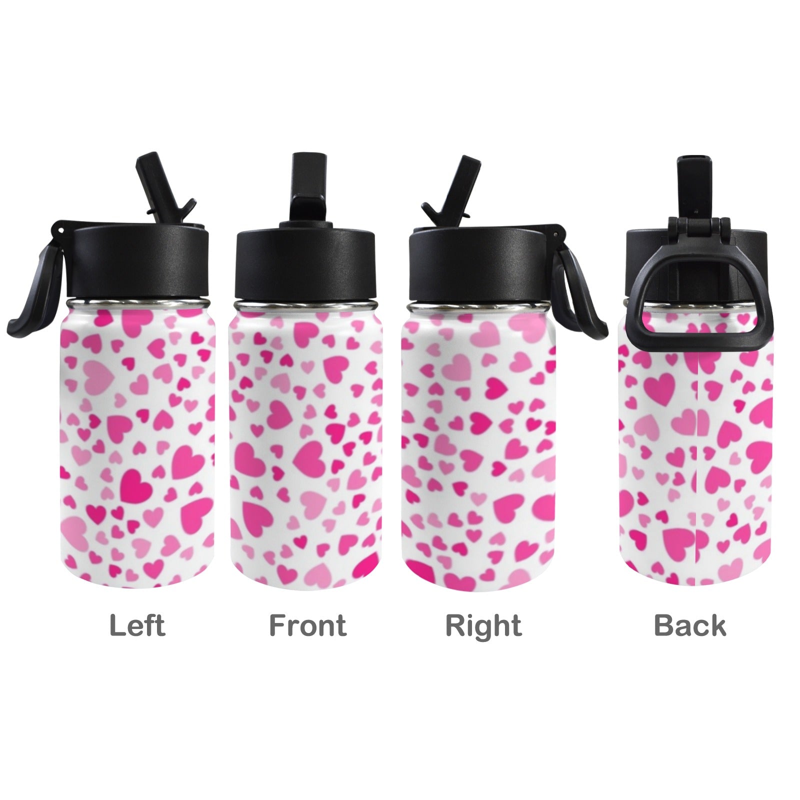 Pink Hearts On White 12oz Kids Water Bottle with Straw Lid