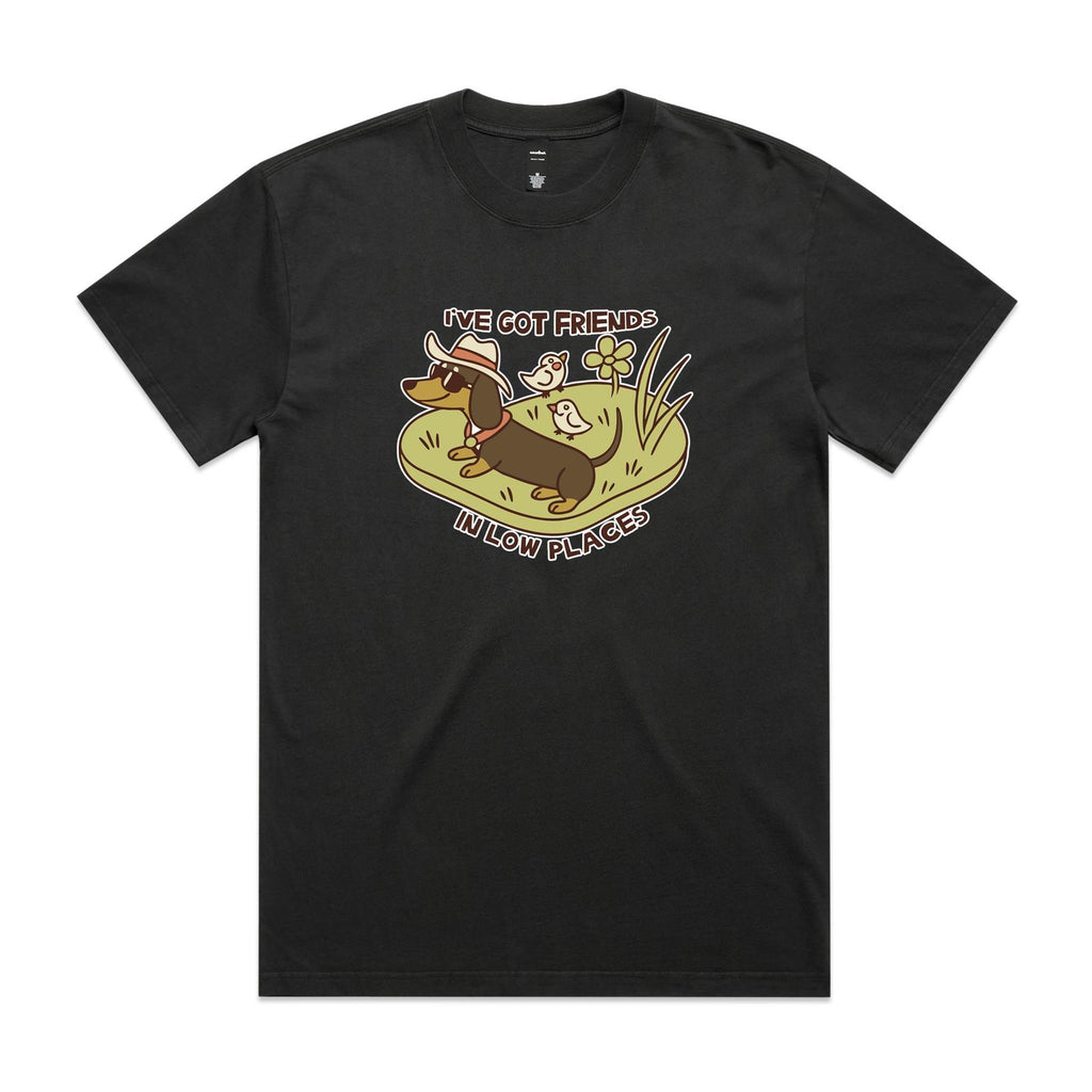 Dachshund, I've Got Friends In Low Places AS Colour Heavy Faded Tee Unisex Faded coal Heavy Faded T-shirt animal Printed In Australia