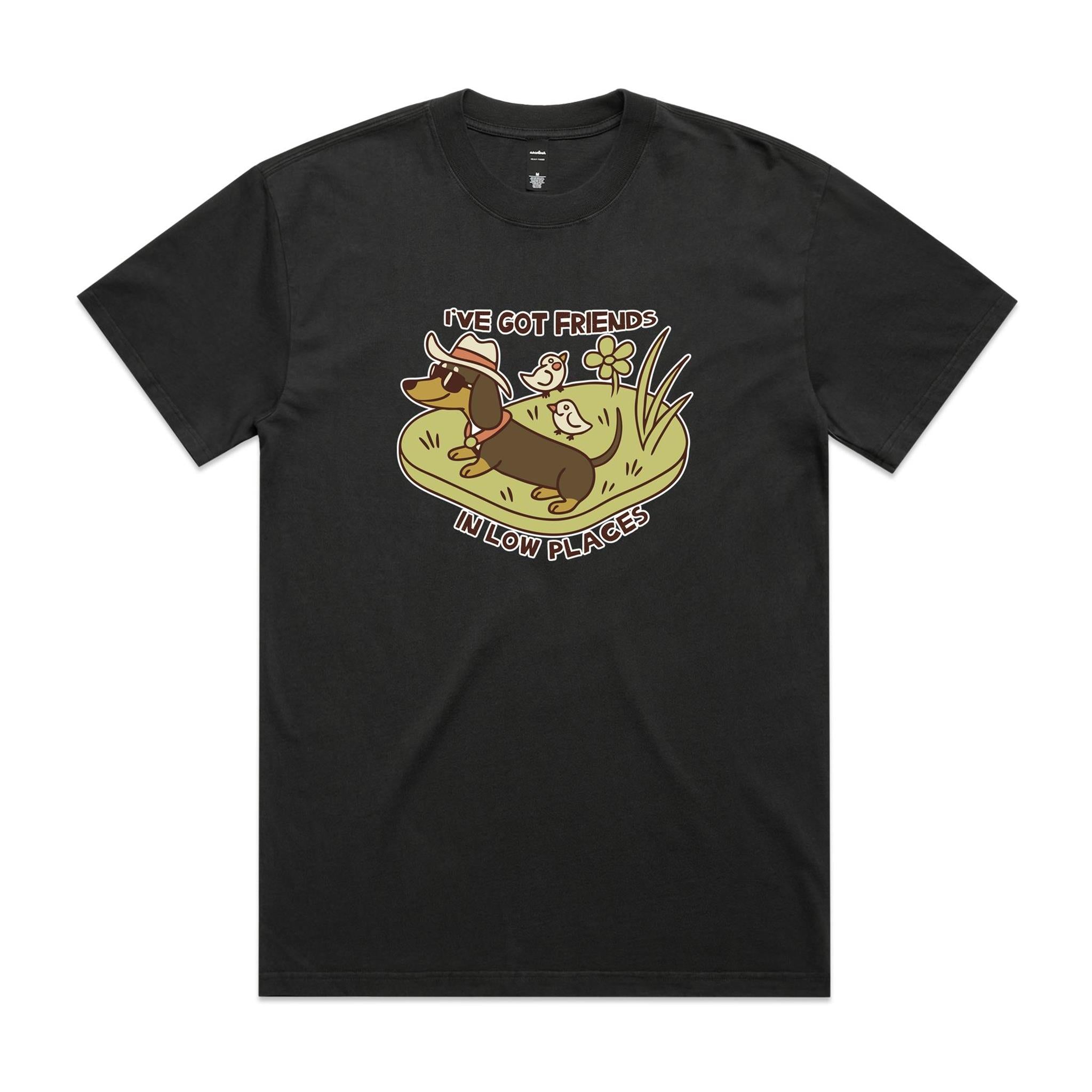 Dachshund, I've Got Friends In Low Places AS Colour Heavy Faded Tee Unisex Faded coal Heavy Faded T-shirt animal Printed In Australia