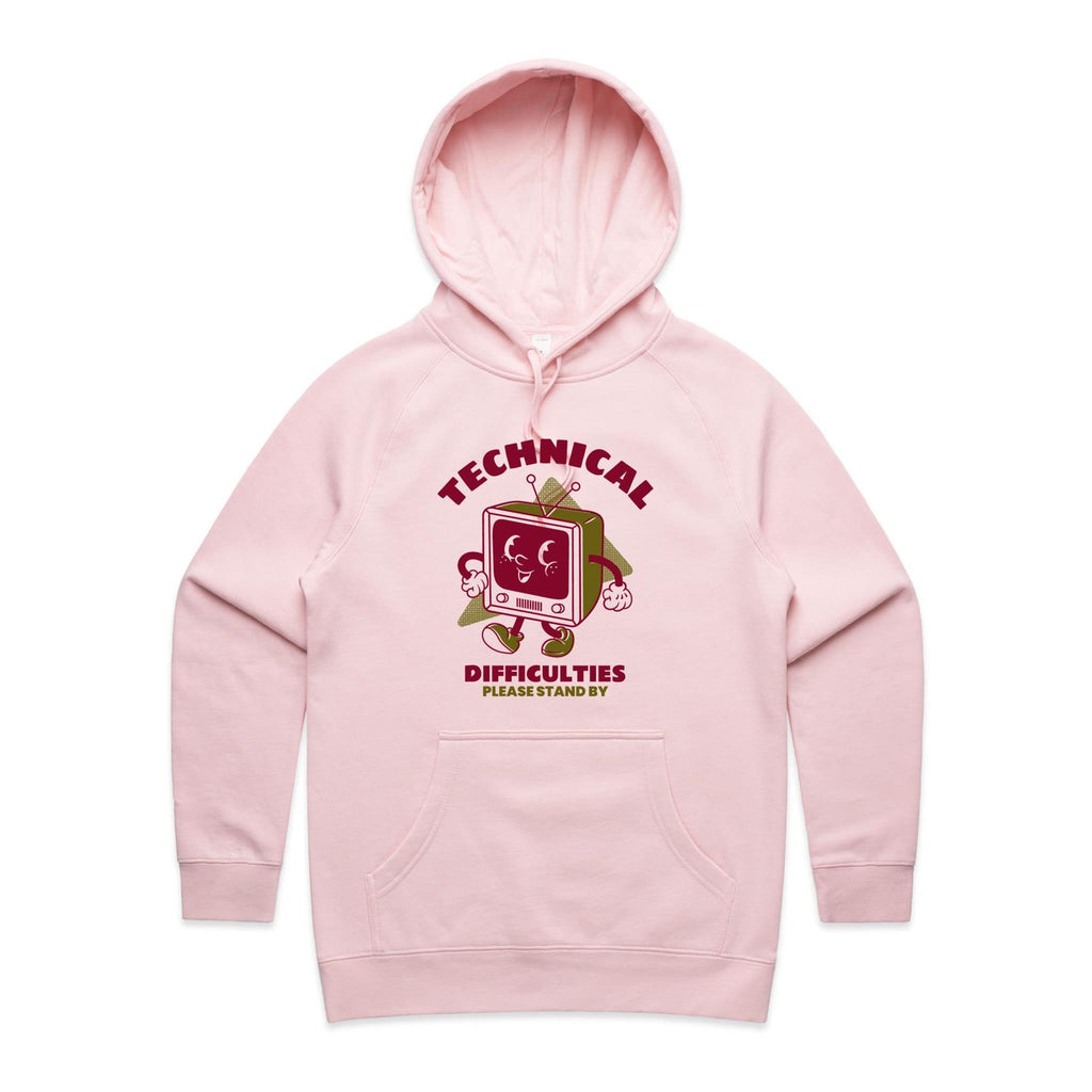 Retro TV, Technical Difficulties - Womens Hoodie Pink Womens Hoodie Printed In Australia Retro Tech