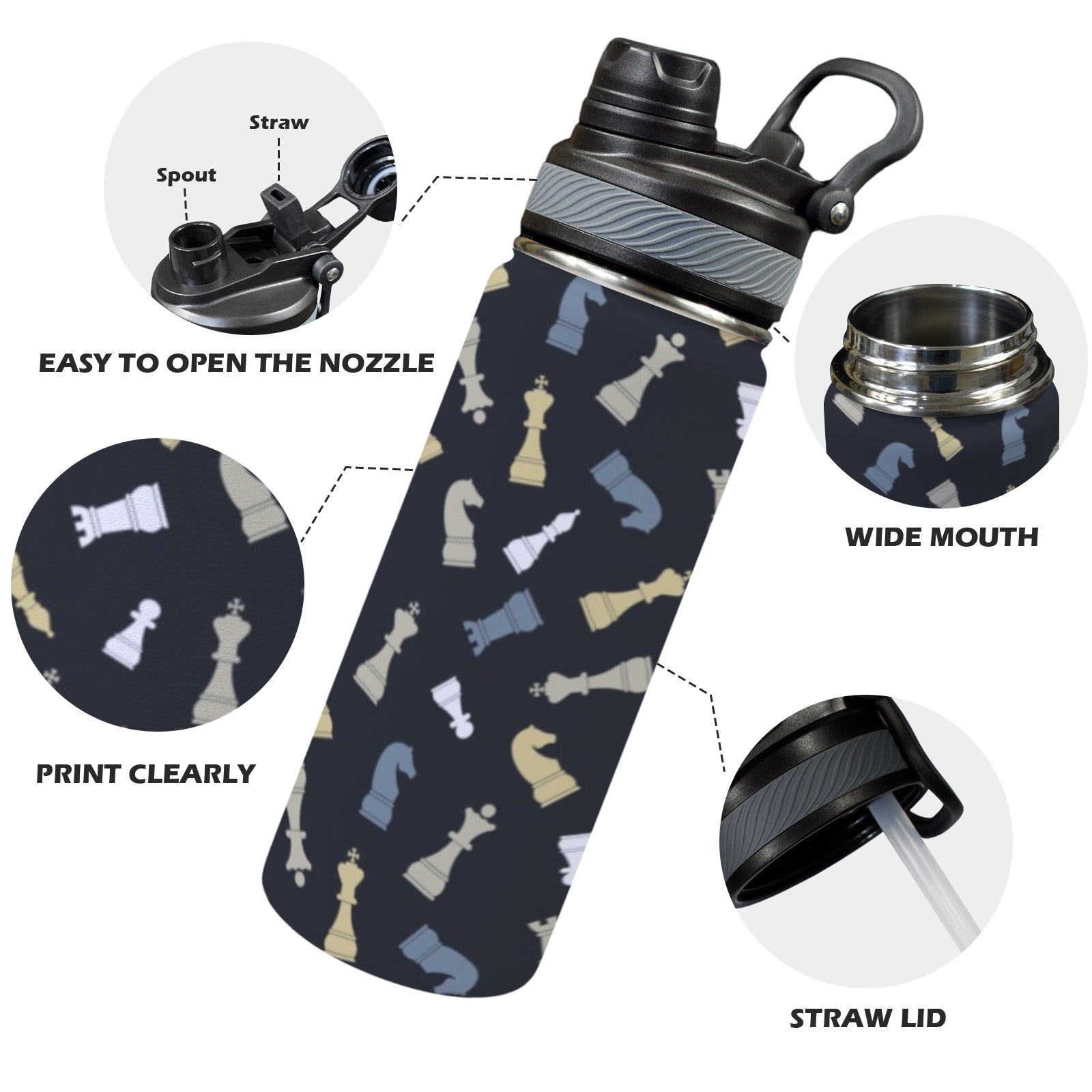 Chess Pattern - Insulated Water Bottle with Dual-Use Lid (18oz) Insulated Water Bottle with Dual-Use Lid (18oz) Chess Games Printed Offshore