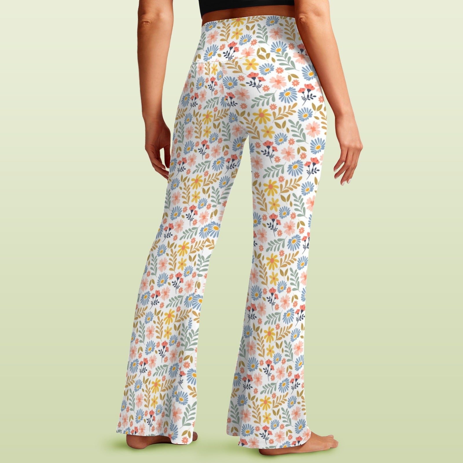 Boho Flowers And Leaves High Waist Crossover Tummy Control Flare Leggings High Waist Flare Leggings Plants Printed Offshore