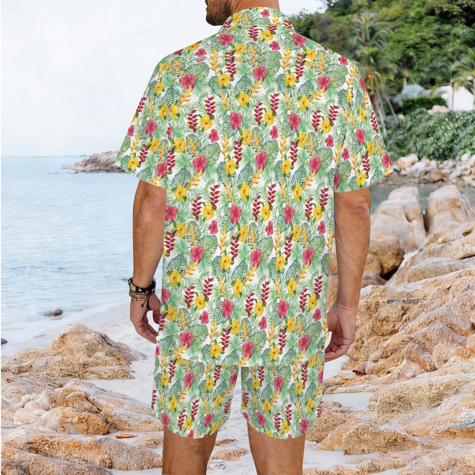 Tropical Flowers On White Men's Hawaiian Shirt & Shorts Set Men's Hawaiian Shirt & Shorts Set Plants Printed Offshore