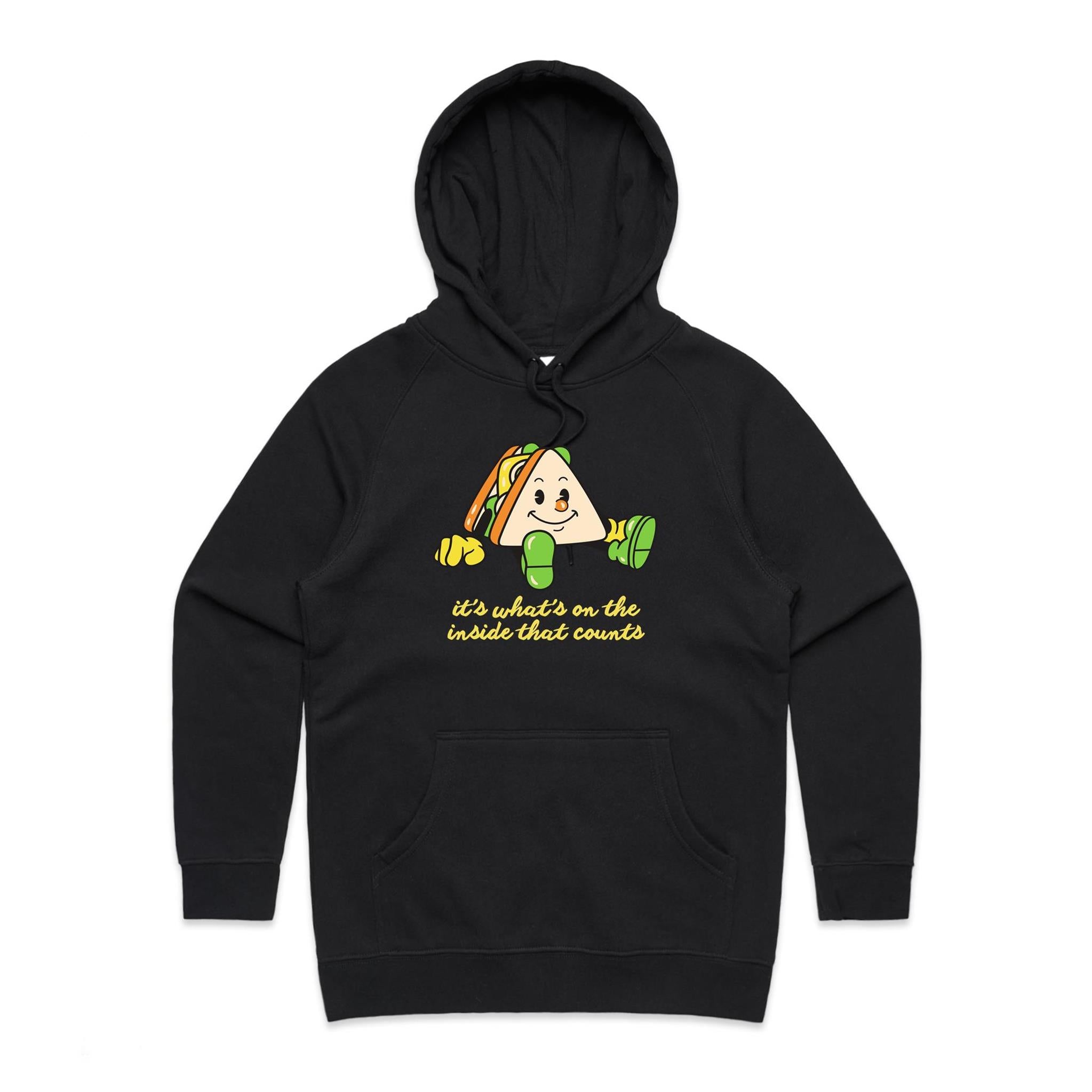 It's What's On The Inside That Counts, Sandwich - Womens Hoodie Black Womens Hoodie Food Positivity Printed In Australia