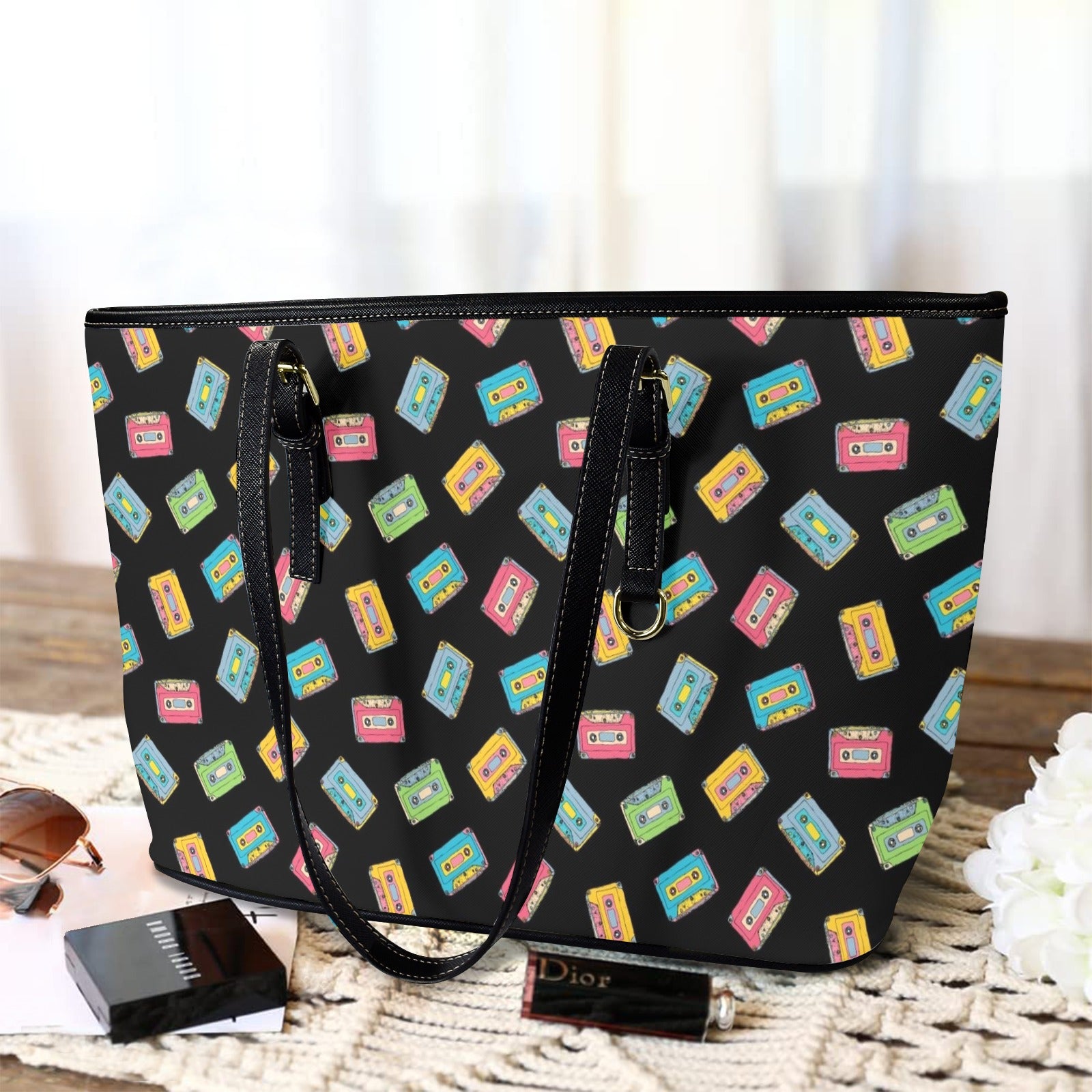 Colourful Cassettes - PU Leather Tote Bag - Large