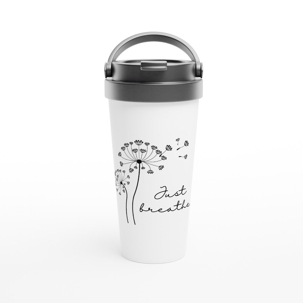 Just Breathe - White 15oz Stainless Steel Travel Mug Travel Mug Globally Fulfilled motivation positivity