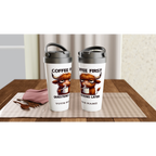 Personalise - Coffee First, Questions Later, Highland Cow - White 15oz Stainless Steel Travel Mug Personalised Travel Mug animal Coffee Globally Fulfilled