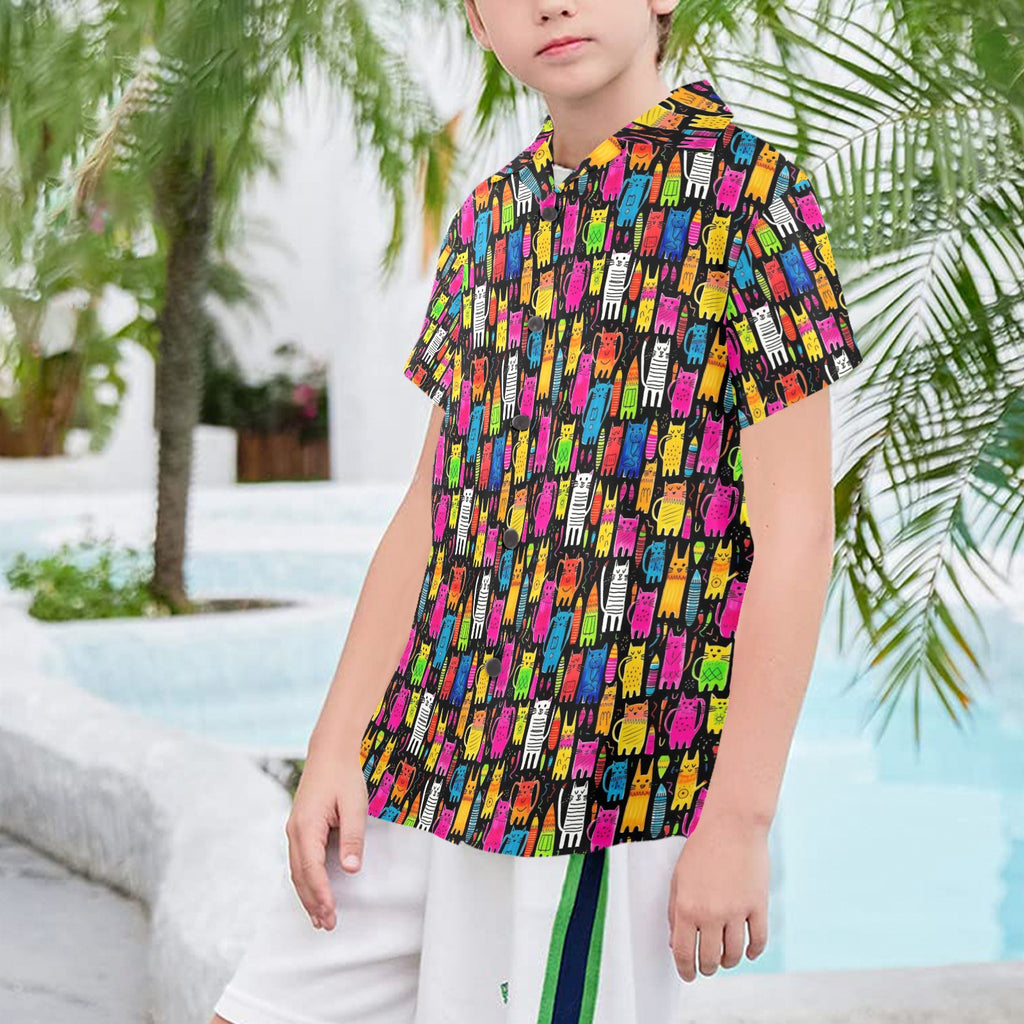 Colourful Cats Senior Kids Hawaiian Shirt Senior Kids Hawaiian Shirt 8-15 animal Printed Offshore