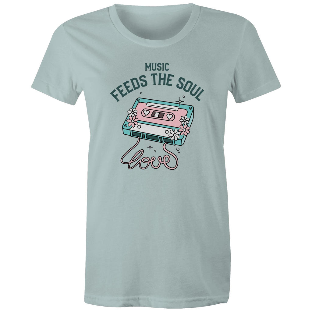 Music Feeds The Soul, Cassette Tape - Womens T-shirt Pale Blue Womens T-shirt Music Printed In Australia