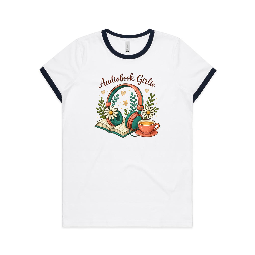 Audiobook Girlie - AS Colour Women's Ringer Tee White Navy Womens Ringer T-shirt Printed In Australia Reading