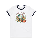 Audiobook Girlie - AS Colour Women's Ringer Tee White Navy Womens Ringer T-shirt Printed In Australia Reading