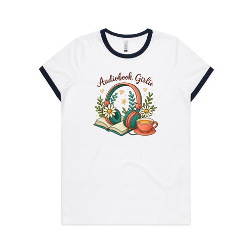 Audiobook Girlie - AS Colour Women's Ringer Tee White Navy Womens Ringer T-shirt Printed In Australia Reading