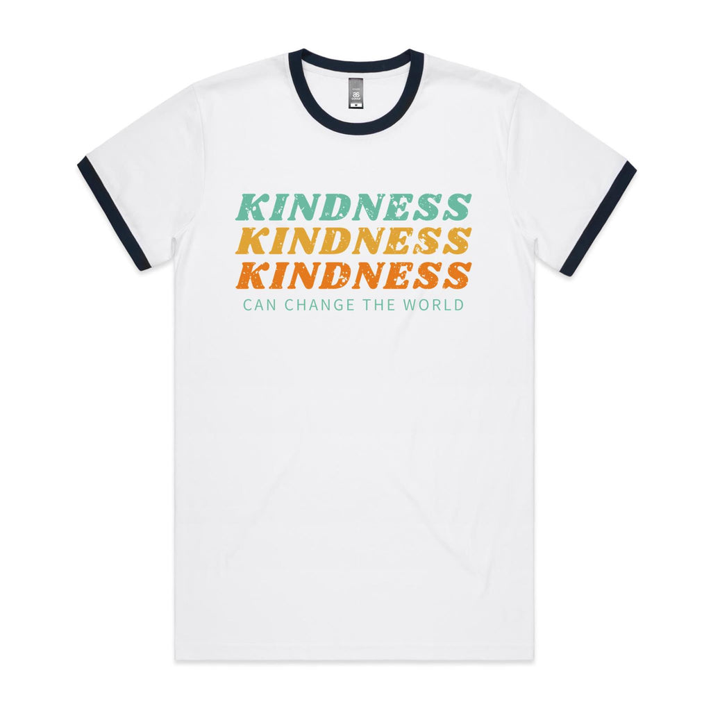 Kindness Can Change The World - Staple Ringer Tee White Navy Ringer T-Shirt Kindness Printed In Australia