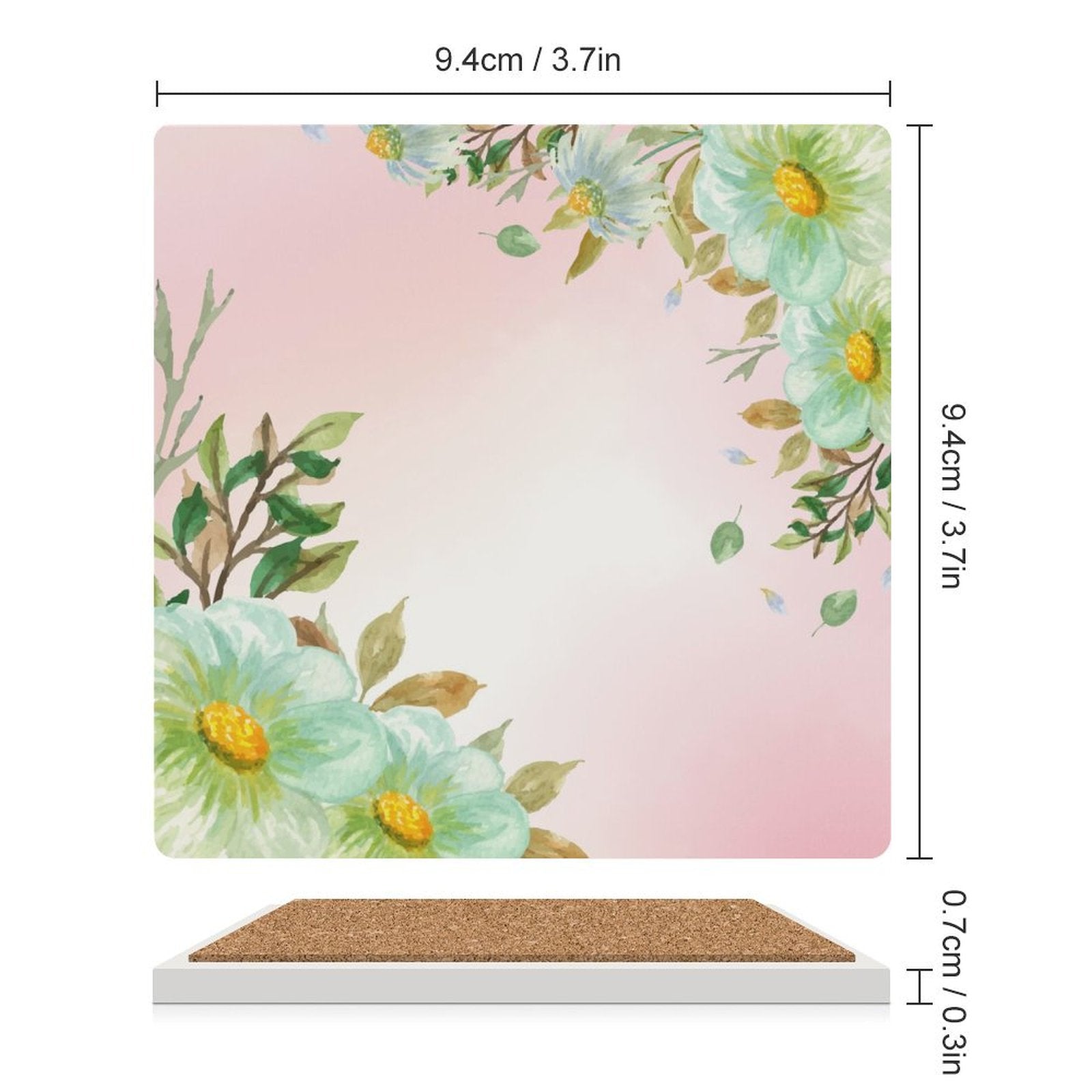 Pink With Flower Border - Ceramic Coasters (Square) Ceramic Coasters Plants Printed Offshore