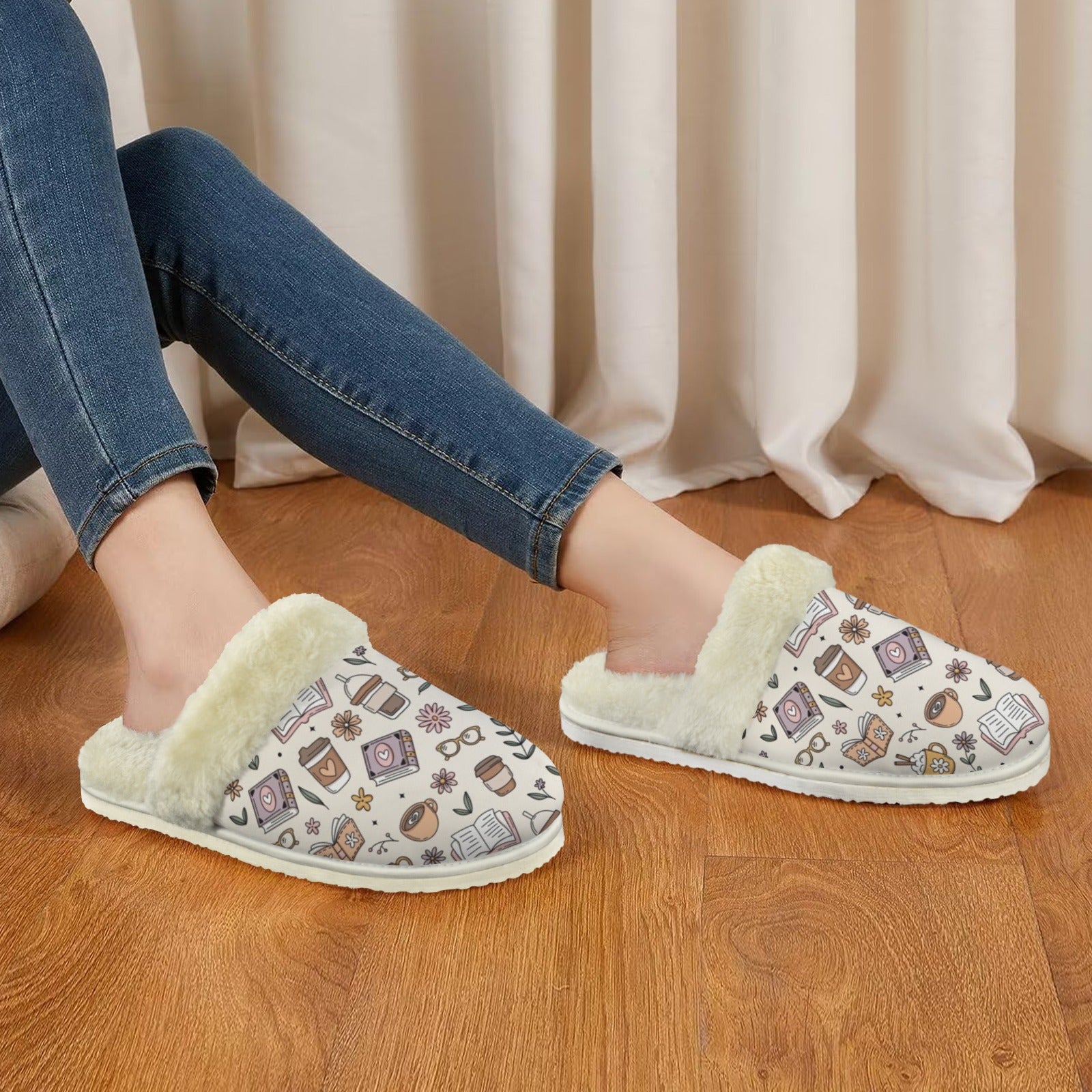 Books And Coffee Women's Fur Trim Thick-Sole Indoor Slippers Women's Fur Trimmed Slippers animal Printed Offshore Reading