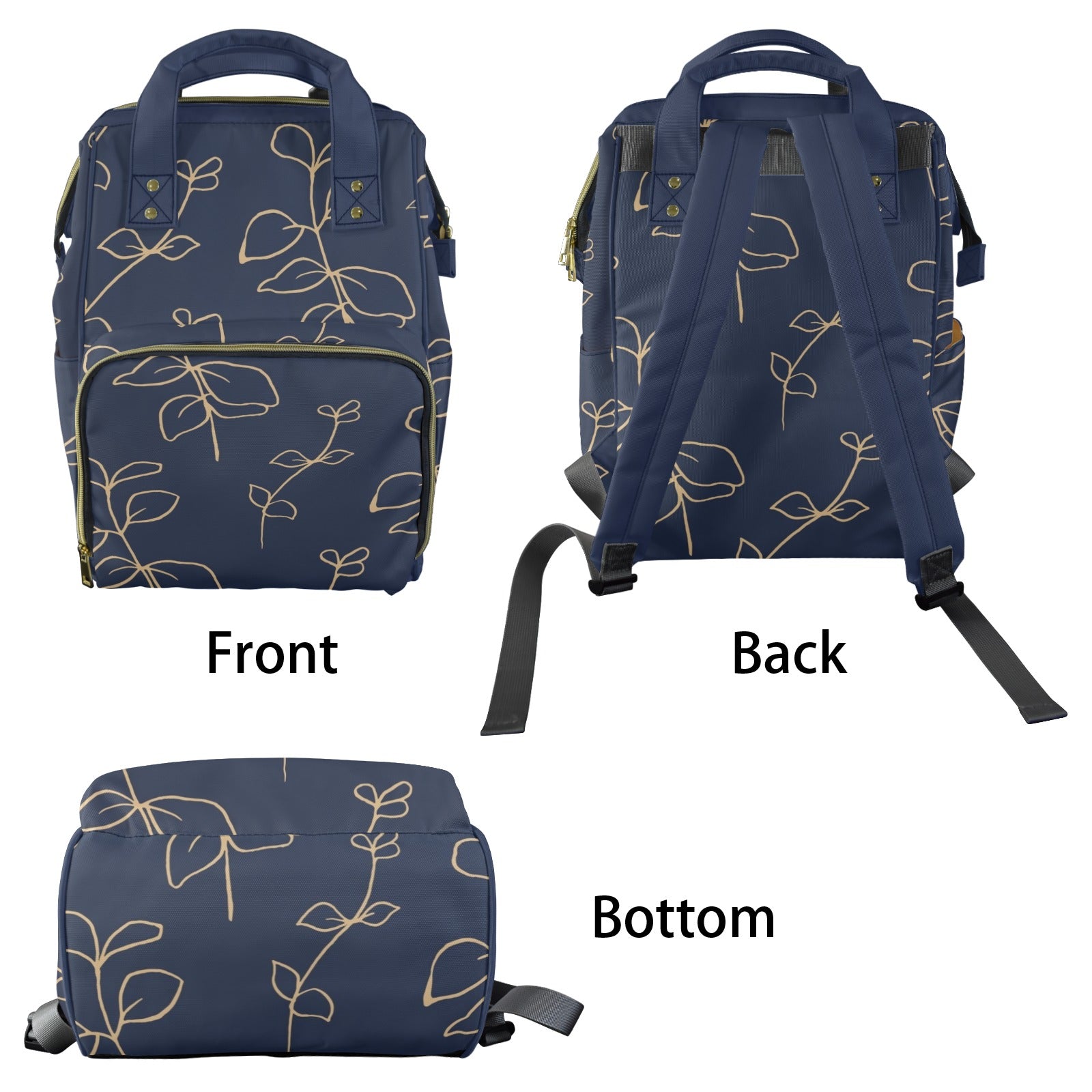 Gold Flowers On Navy - Multi-Function Backpack, Nappy / Diaper Bag