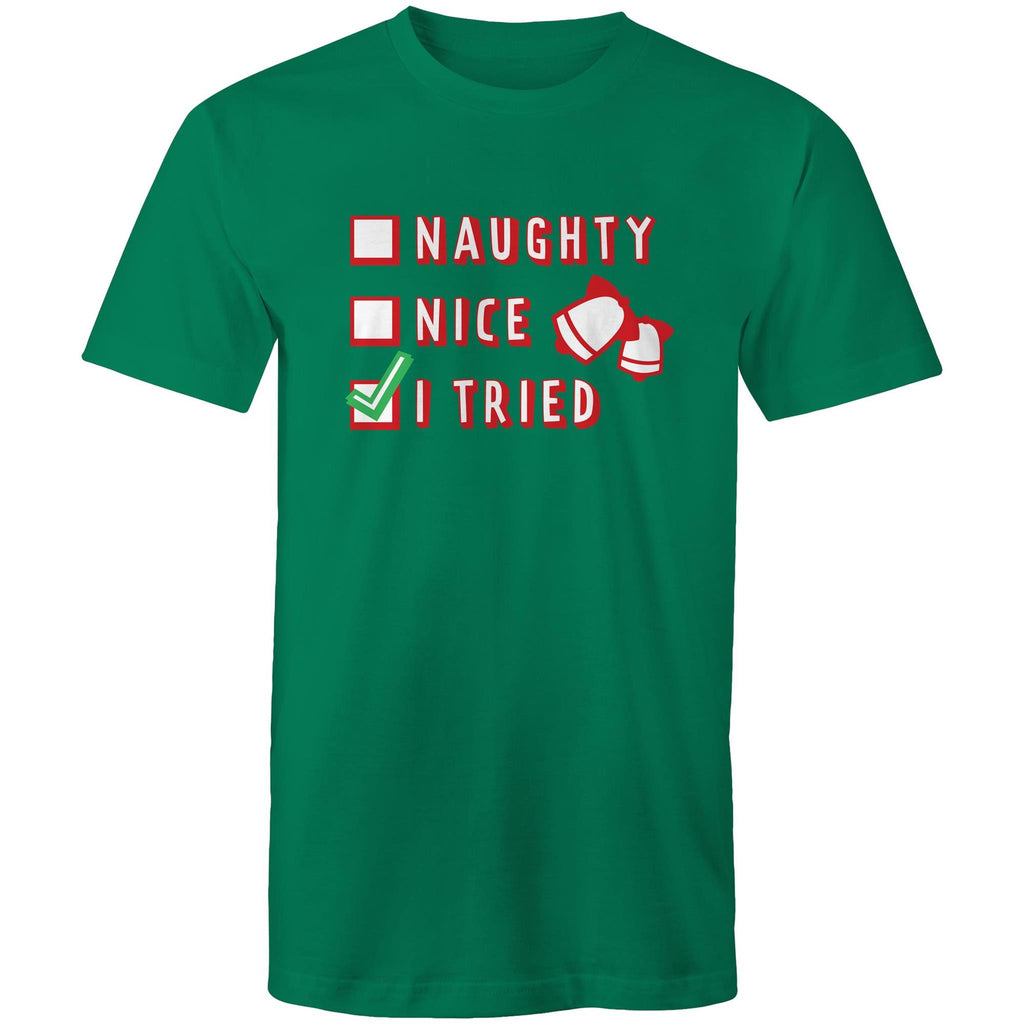 Santa's List, Naught, Nice, I Tried, Christmas - Mens T-Shirt Kelly Green Mens Christmas T-shirt Christmas Printed In Australia