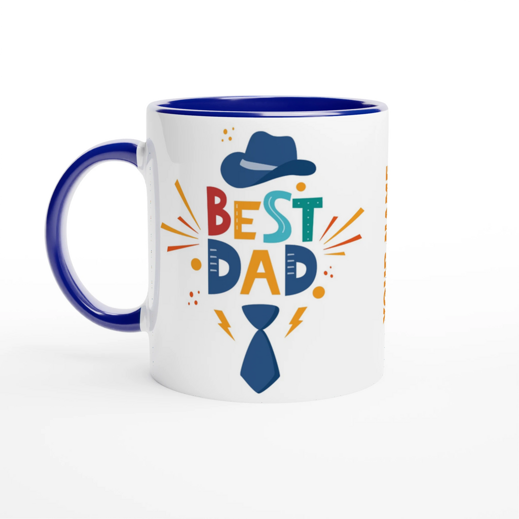 Personalise - Best Dad, Hat And Tie - White 11oz Ceramic Mug Ceramic Blue Personalised Mug customise Dad Globally Fulfilled personalise