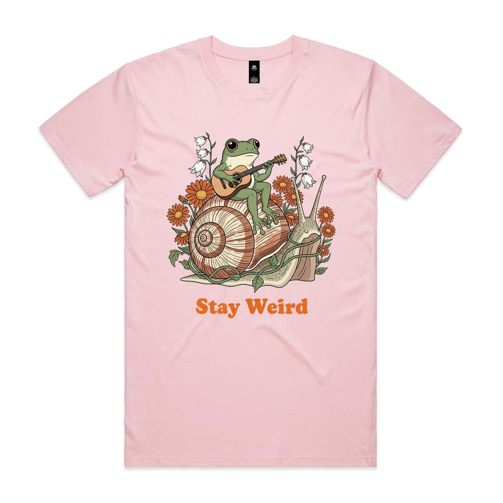 Stay Weird, Guitar Playing Frog On A Snail Men's AS Colour T-shirt Pink Mens T-shirt animal Music Printed In Australia