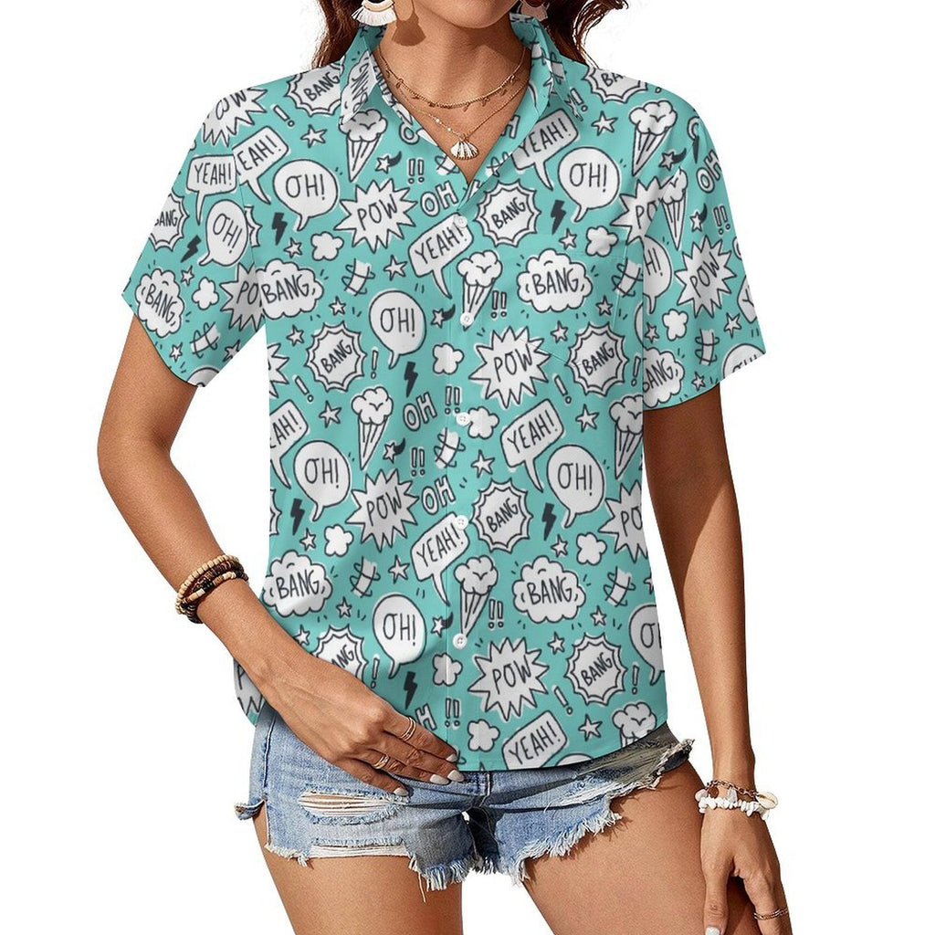 Comic Book Speech Bubbles Women's Short-Sleeve Button Up Shirt white comic Printed Offshore