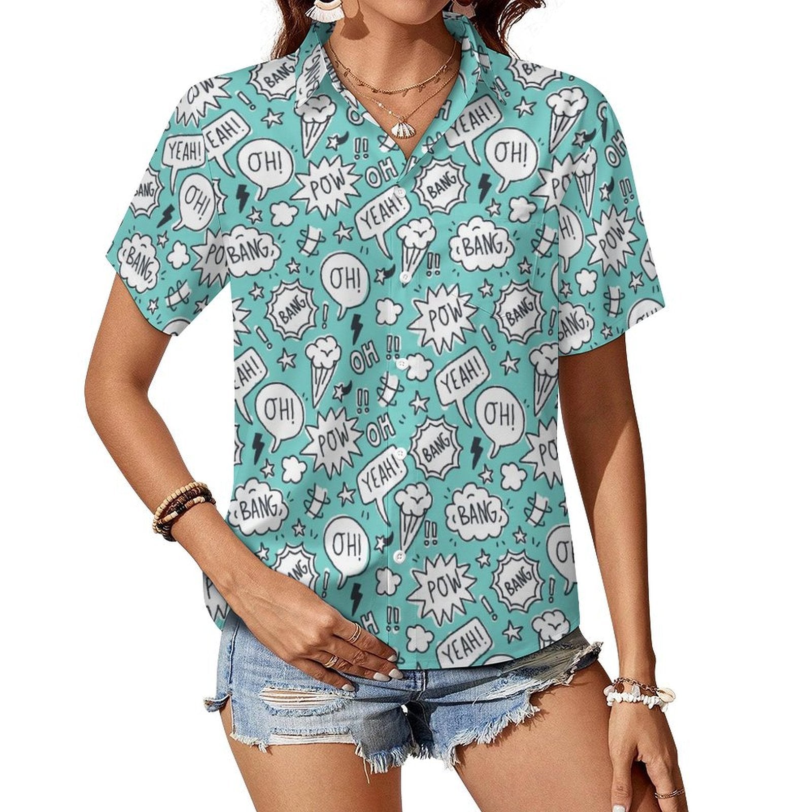 Comic Book Speech Bubbles Women's Short-Sleeve Button Up Shirt white comic Printed Offshore