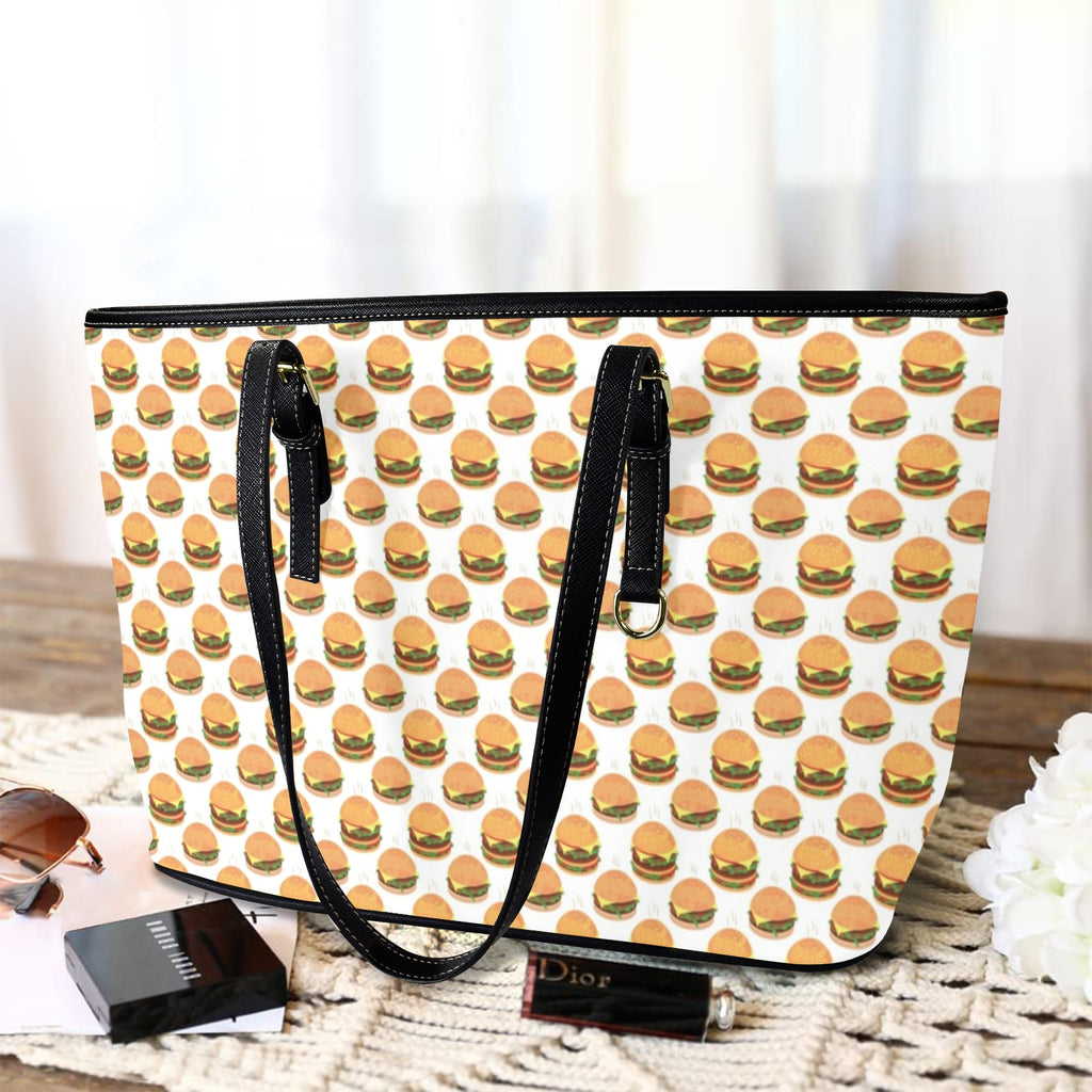 Hamburgers on White PU Leather Tote Bag Large Leather Tote Bag-Large Food Printed Offshore