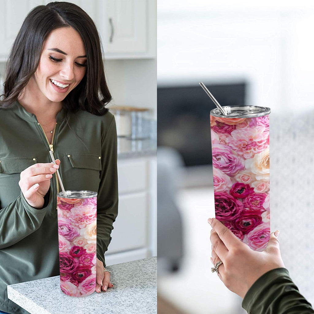 Pink Flowers 20oz Tall Skinny Tumbler with Lid and Straw