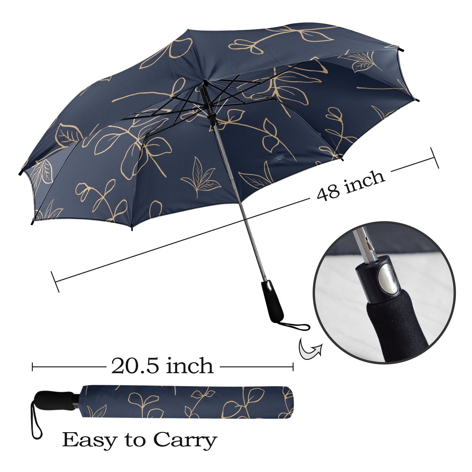 Gold Flowers On Navy - Semi-Automatic Foldable Umbrella (Model U12) Semi-Automatic Foldable Umbrella (U12)