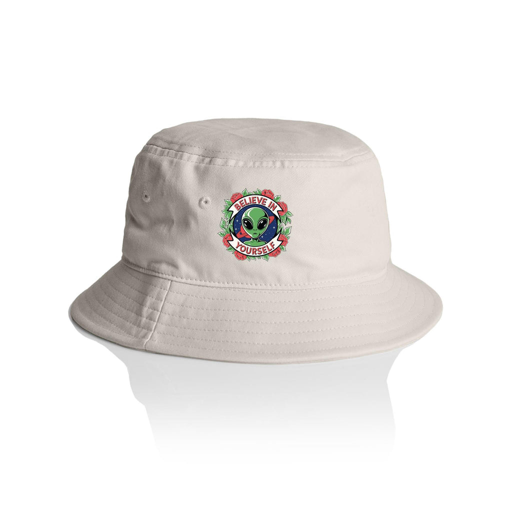 Believe In Yourself, Alien - AS Colour Bucket Hat Bone One Size As Colour Bucket Hat Motivation Positivity Printed In Australia Sci Fi
