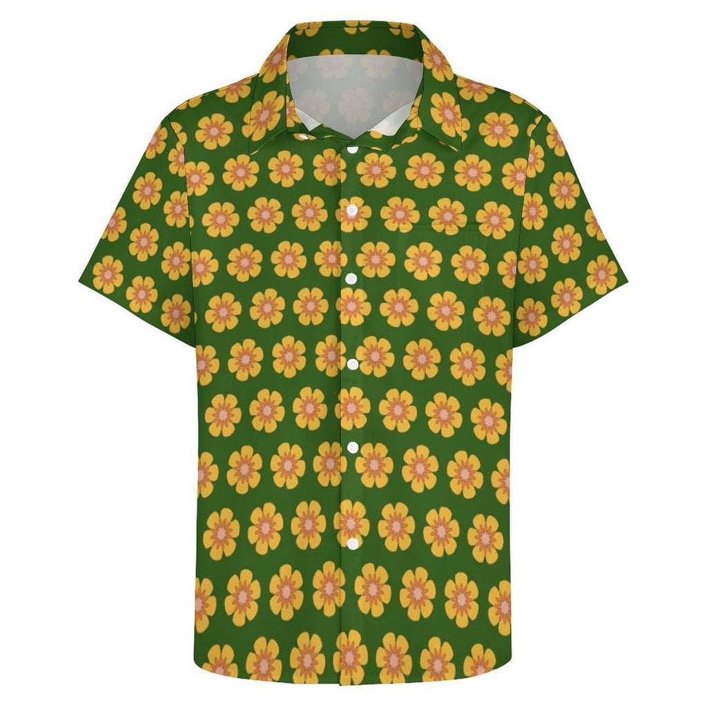 Yellow Flowers On Green Women's Short-Sleeve Button Up Shirt