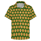 Yellow Flowers On Green Women's Short-Sleeve Button Up Shirt