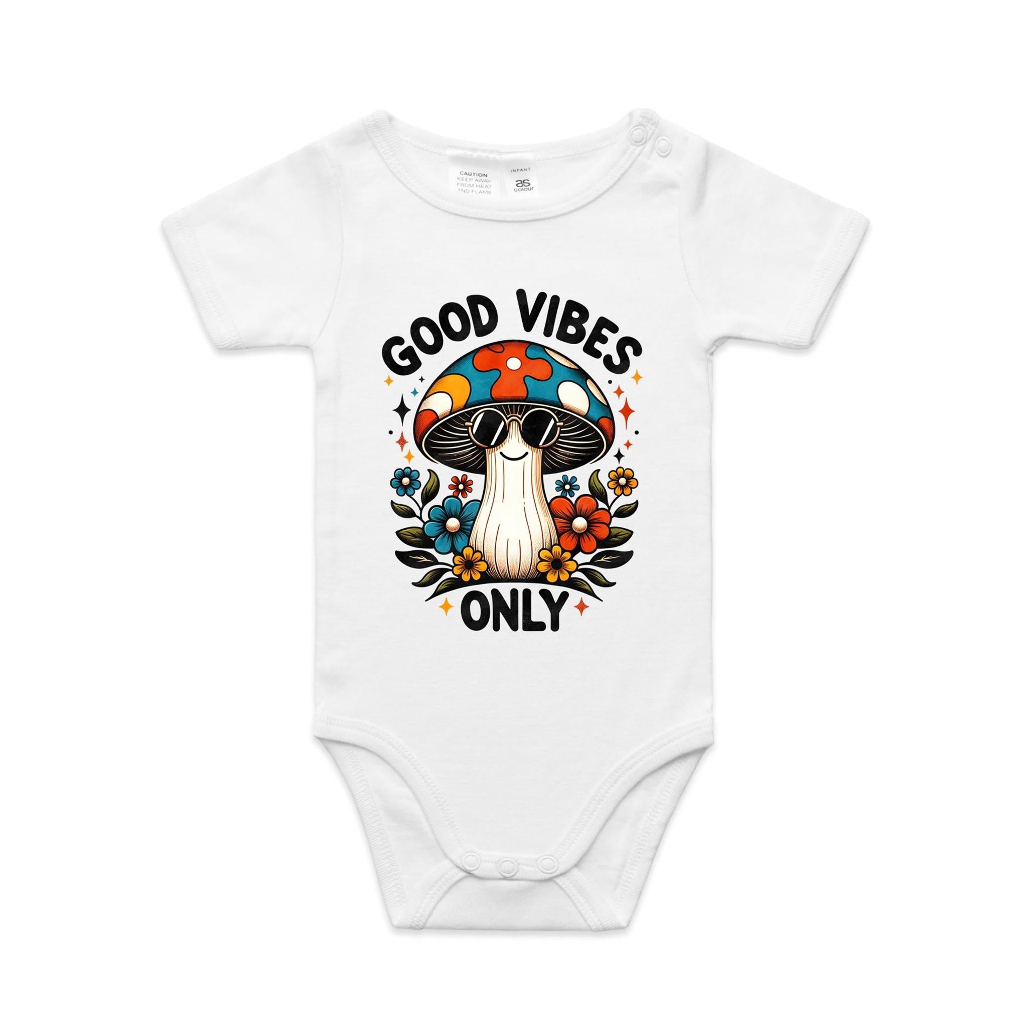 Good Vibes Only, Hippie Mushroom With Sunglasses - Baby Bodysuit