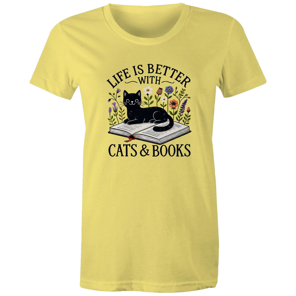 Life Is Better With Cats And Books - Womens T-shirt Yellow Womens T-shirt animal Printed In Australia Reading