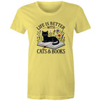 Life Is Better With Cats And Books - Womens T-shirt Yellow Womens T-shirt animal Printed In Australia Reading