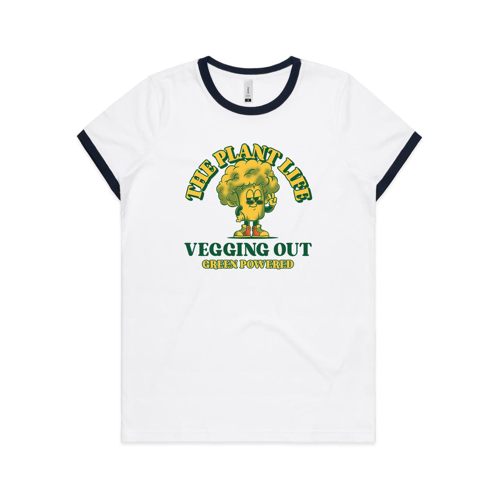 The Plant Life, Vegetarian - Women's Ringer Tee White Navy Womens Ringer T-shirt Plants Printed In Australia