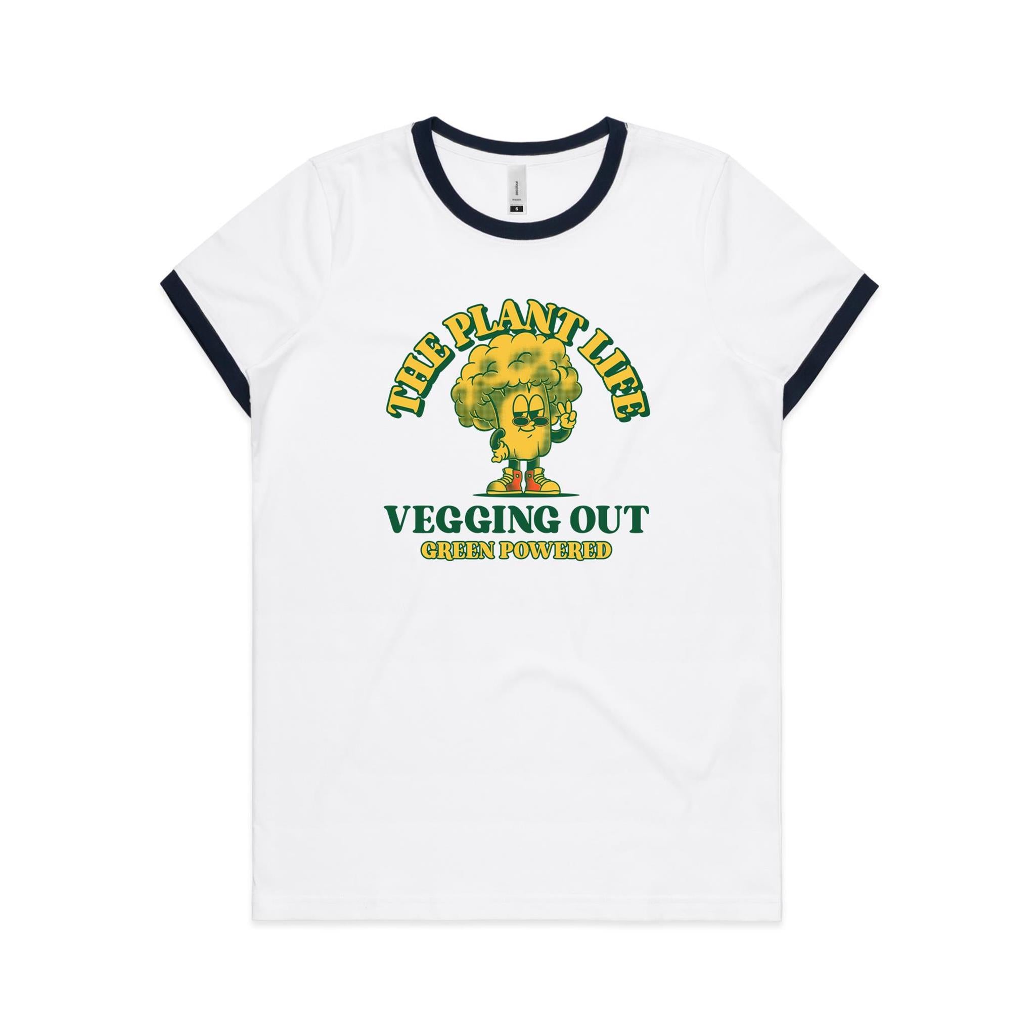 The Plant Life, Vegetarian - Women's Ringer Tee White Navy Womens Ringer T-shirt Plants Printed In Australia