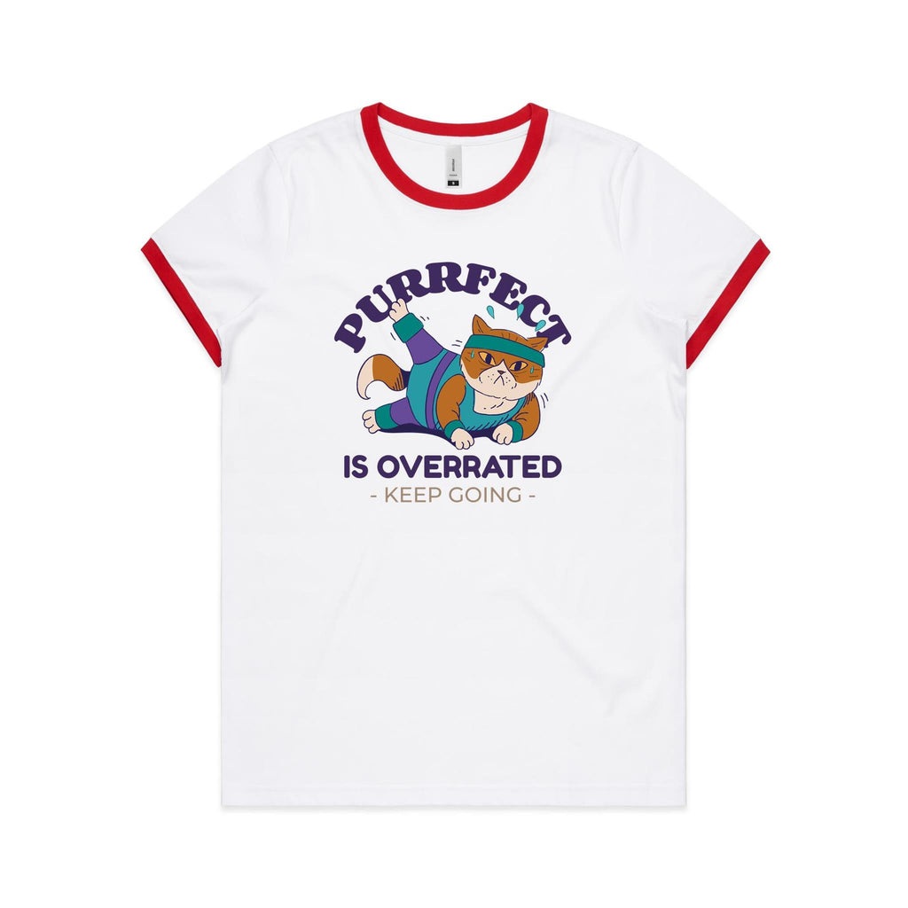Purrfect Is Overrated, Fitness Cat - Women's Ringer Tee White Red Womens Ringer T-shirt Fitness Printed In Australia